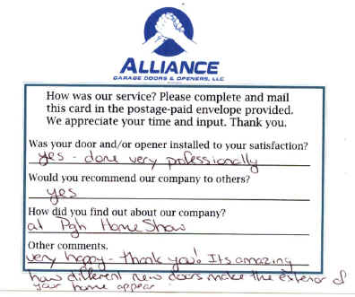 Alliance Garage Doors & Openers' Customer Response