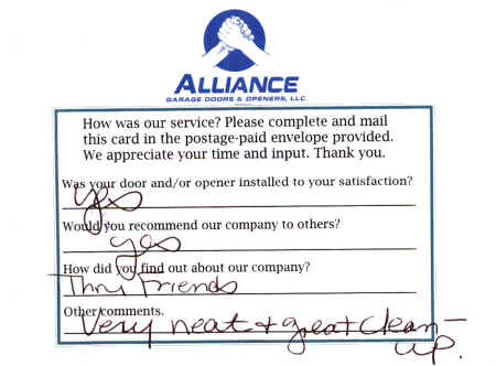 Alliance Garage Doors & Openers' Customer Response
